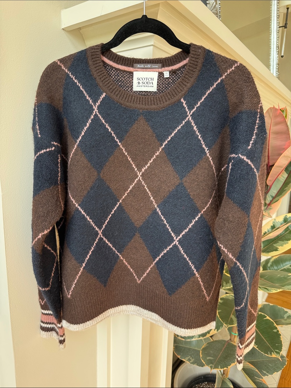 Scotch & Soda Brown and Navy Argyle Crewneck Sweater with Pink Accents
